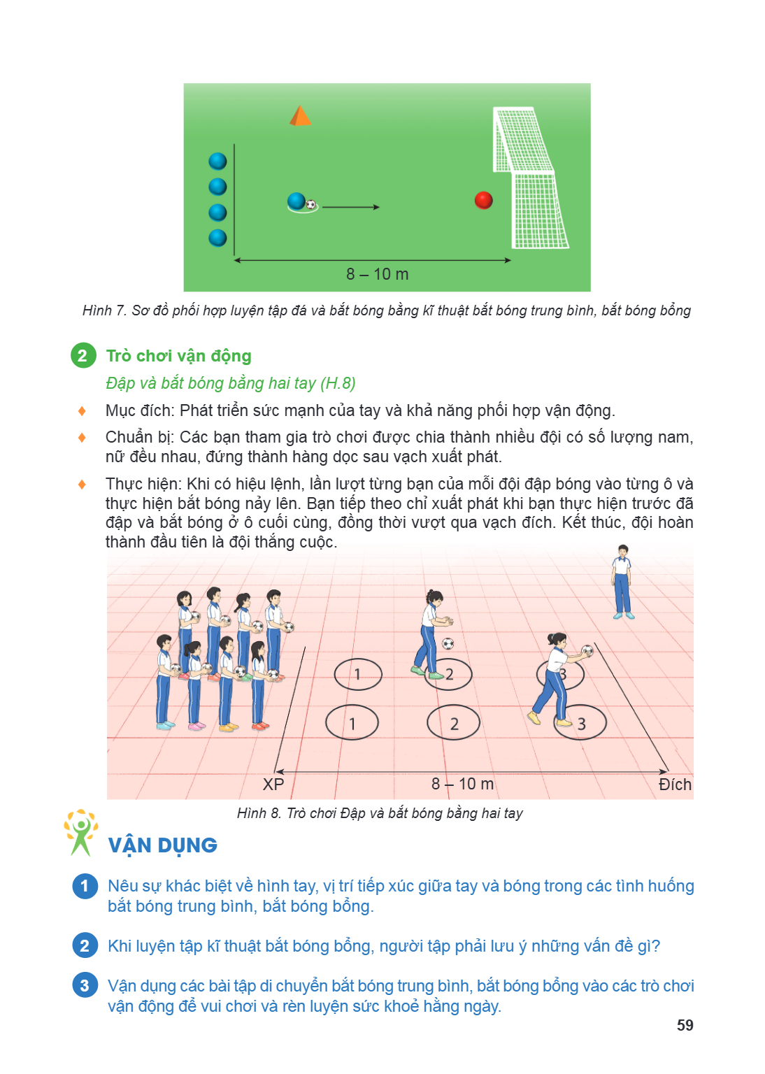 8 - 10 m Hình 7. Sơ đồ phối hợp luyện tập đá và bắt bóng bằng kĩ thuật bắt bóng trung bình, bắt bóng bổng 2 Trò chơi vận động Đập và bắt bóng bằng hai tay (H.8)