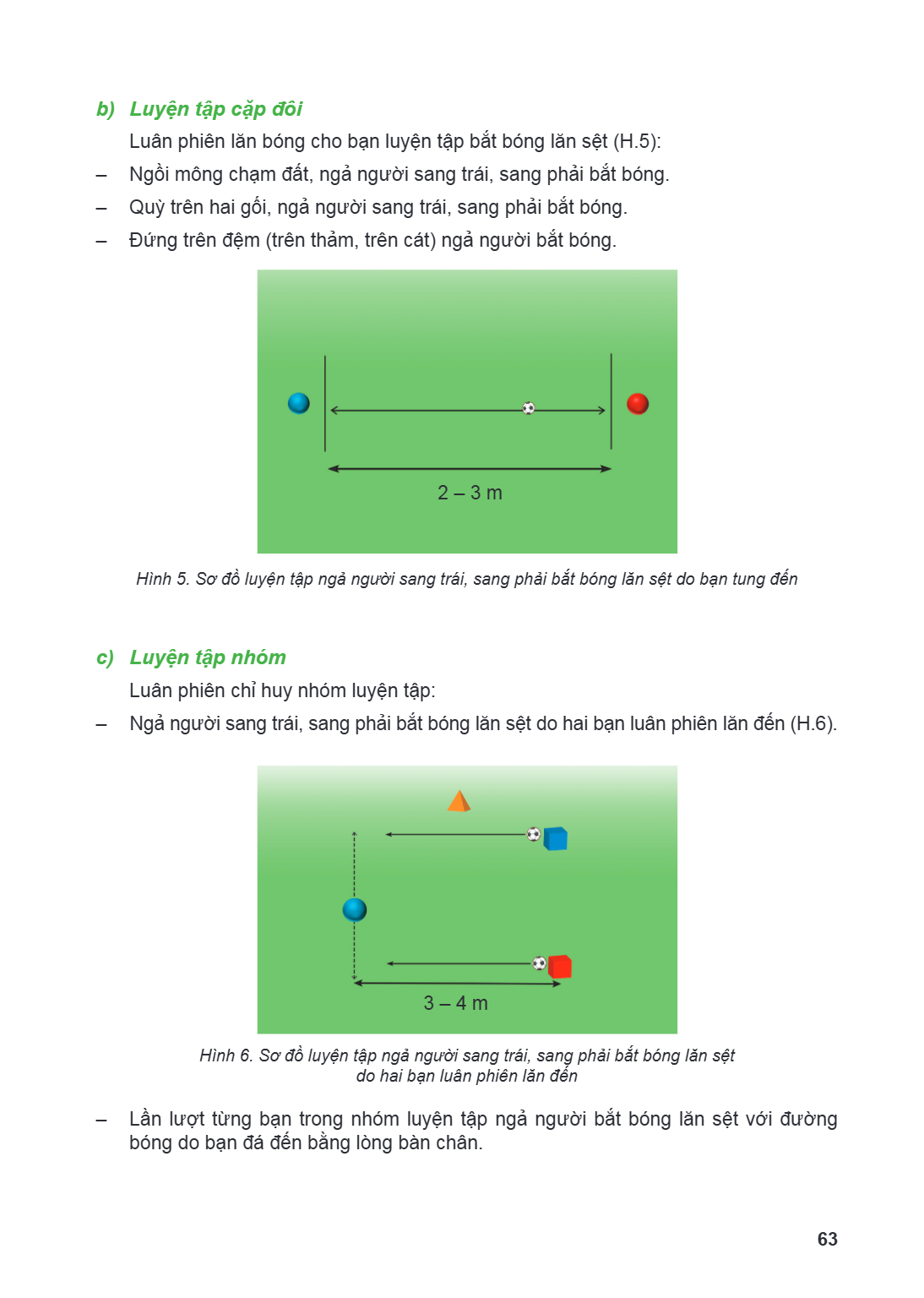 b) Luyện tập cặp đôi Luân phiên lăn bóng cho bạn luyện tập bắt bóng lăn sệt (H.5): - Ngồi mông chạm đất, ngả người sang trái, sang phải bắt bóng. - Quỳ trên hai