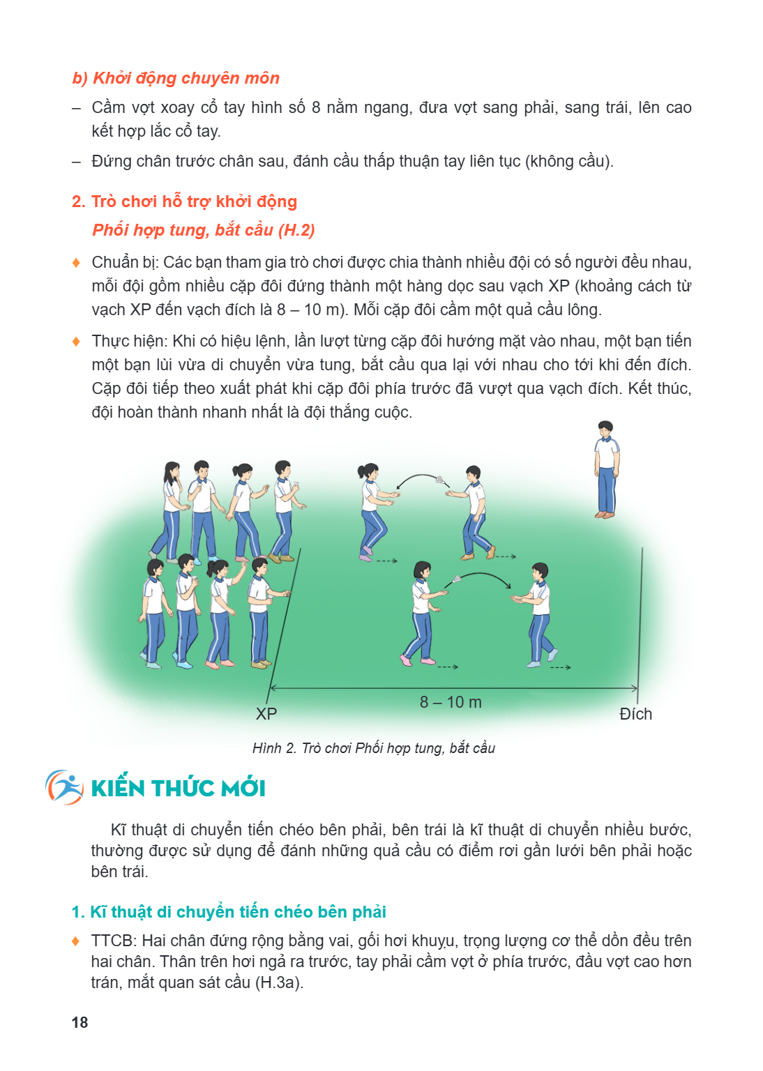 b) Khởi động chuyên môn Cầm vợt xoay cổ tay hình số 8 nằm ngang, đưa vợt sang phải, sang trái, lên cao kết hợp lắc cổ tay. - Đứng chân trước chân sau, đánh cầu 