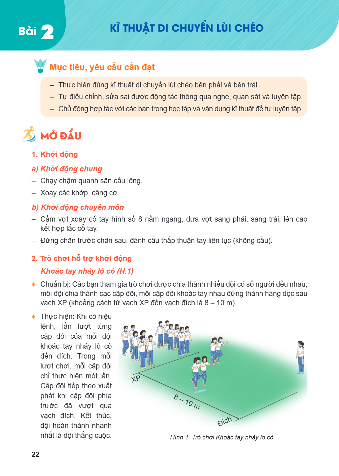 Bài 2. Kĩ thuật di chuyển lùi chéo Mục tiêu, yêu cầu cần đạt Thực hiện đúng kĩ thuật di chuyển lùi chéo bên phải và bên trái. Tự điều chỉnh, sửa sai được động t