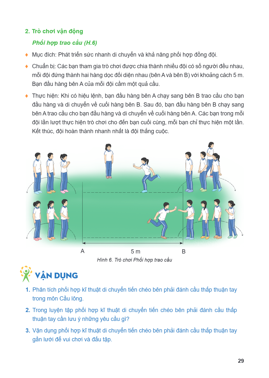 2. Trò chơi vận động Phối hợp trao cầu (H.6) ♦ Mục đích: Phát triển sức nhanh di chuyển và khả năng phối hợp đồng đội. ♦ Chuẩn bị: Các bạn tham gia trò chơi đượ