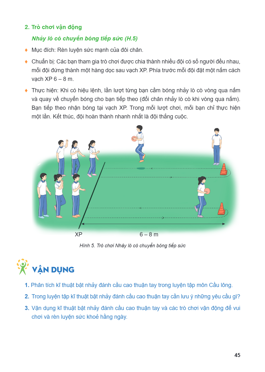 2. Trò chơi vận động Nhảy lò cò chuyển bóng tiếp sức (H.5) ♦ Mục đích: Rèn luyện sức mạnh của đôi chân. ♦ Chuẩn bị: Các bạn tham gia trò chơi được chia thành nh