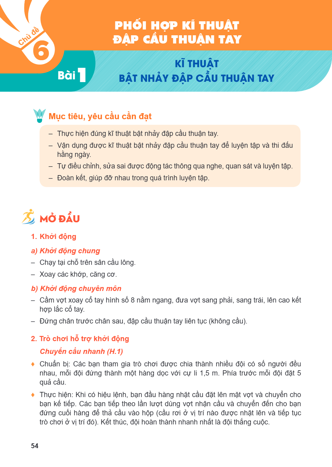 Chương 6. Phối hợp kĩ thuật đập cầu thuận tay Bài 1. Kĩ thuật bật nhảy đập cầu thuận tay Mục tiêu, yêu cầu cần đạt Thực hiện đúng kĩ thuật bật nhảy đập cầu thuậ