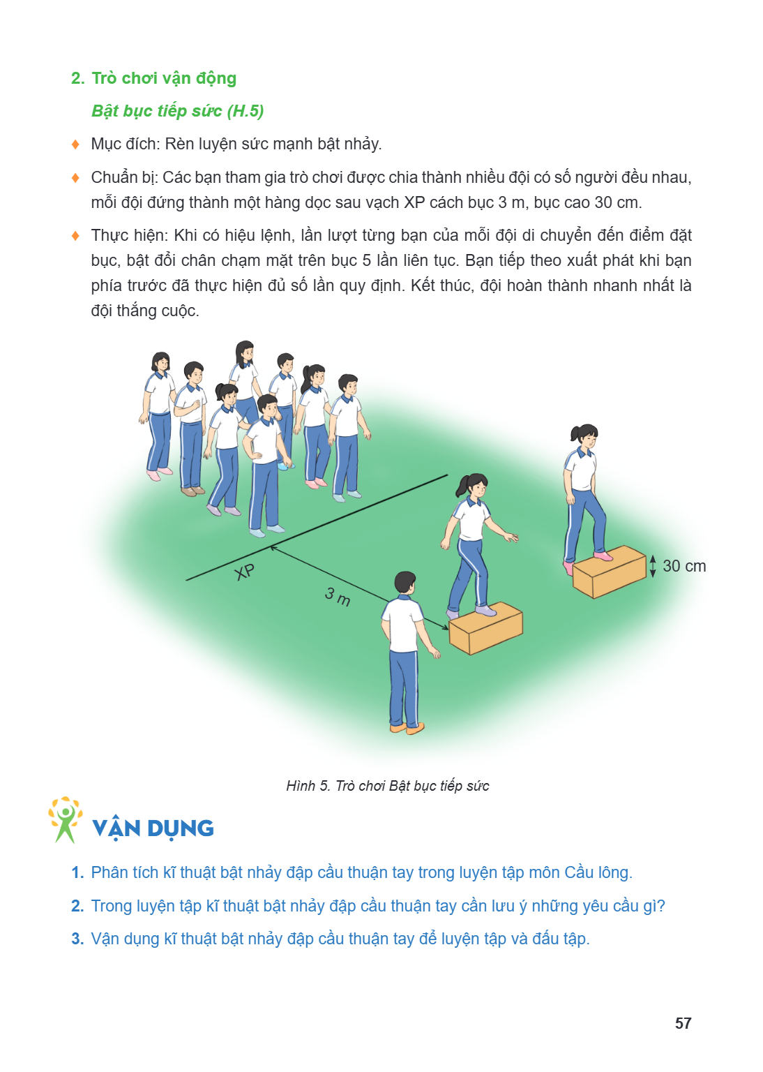 2. Trò chơi vận động Bật bục tiếp sức (H.5) ♦ Mục đích: Rèn luyện sức mạnh bật nhảy. ♦ Chuẩn bị: Các bạn tham gia trò chơi được chia thành nhiều đội có số người
