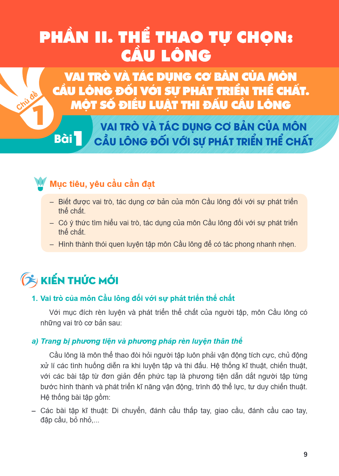 Chủ đề 1 VAI TRÒ VÀ TÁC DỤNG CƠ BẢN CỦA MÔN CẦU LÔNG ĐỐI VỚI SỰ PHÁT TRIỂN THỂ CHẤT. MỘT SỐ ĐIỀU LUẬT THI ĐẤU CẦU LÔNG Bài 1 VAI TRÒ VÀ TÁC DỤNG CƠ BẢN CỦA MÔN 