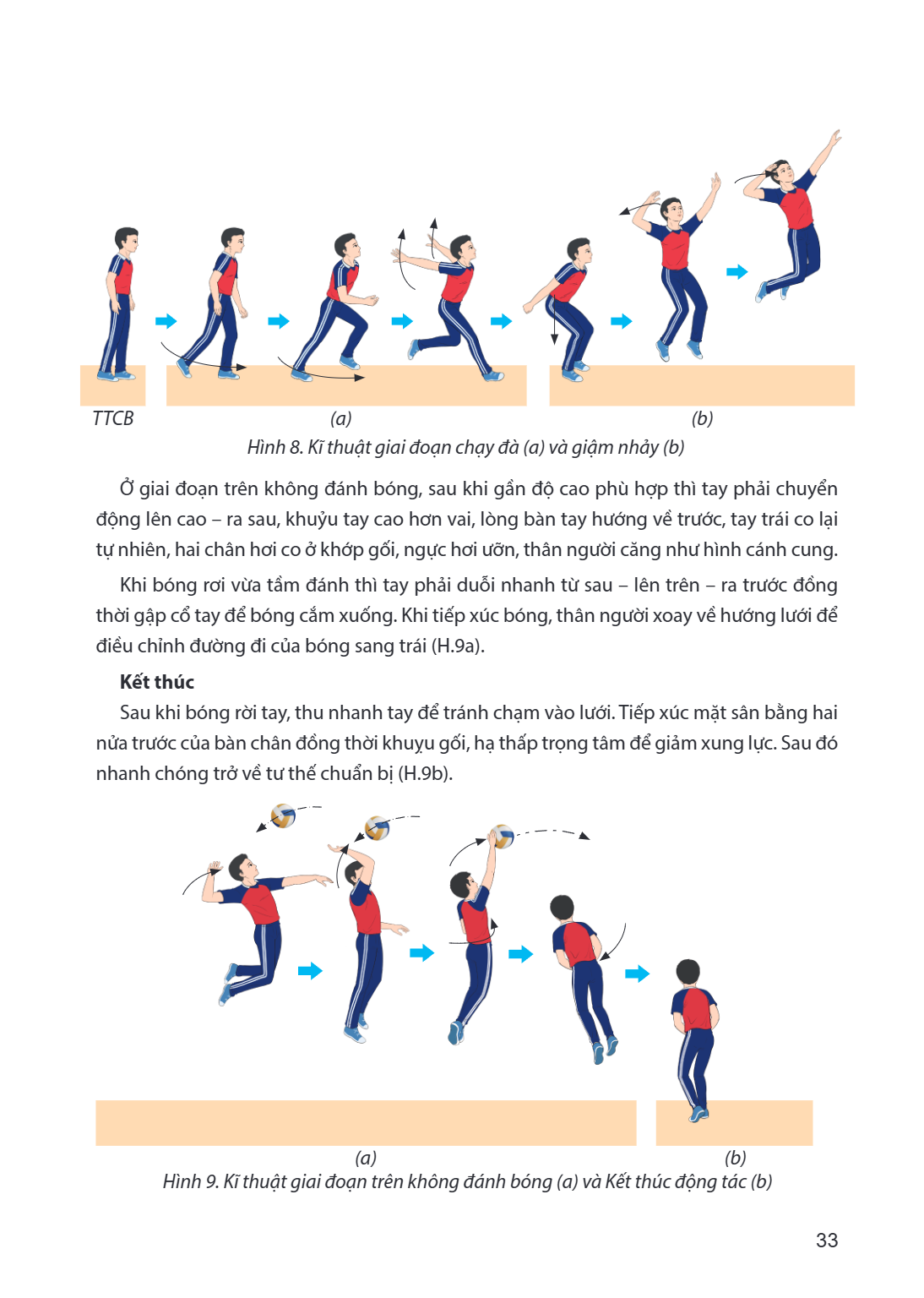 TTCB (a) (b) Hình 8. Kĩ thuật giai đoạn chạy đà (a) và giậm nhảy (b) Ở giai đoạn trên không đánh bóng, sau khi gần độ cao phù hợp thì tay phải chuyển động lên c