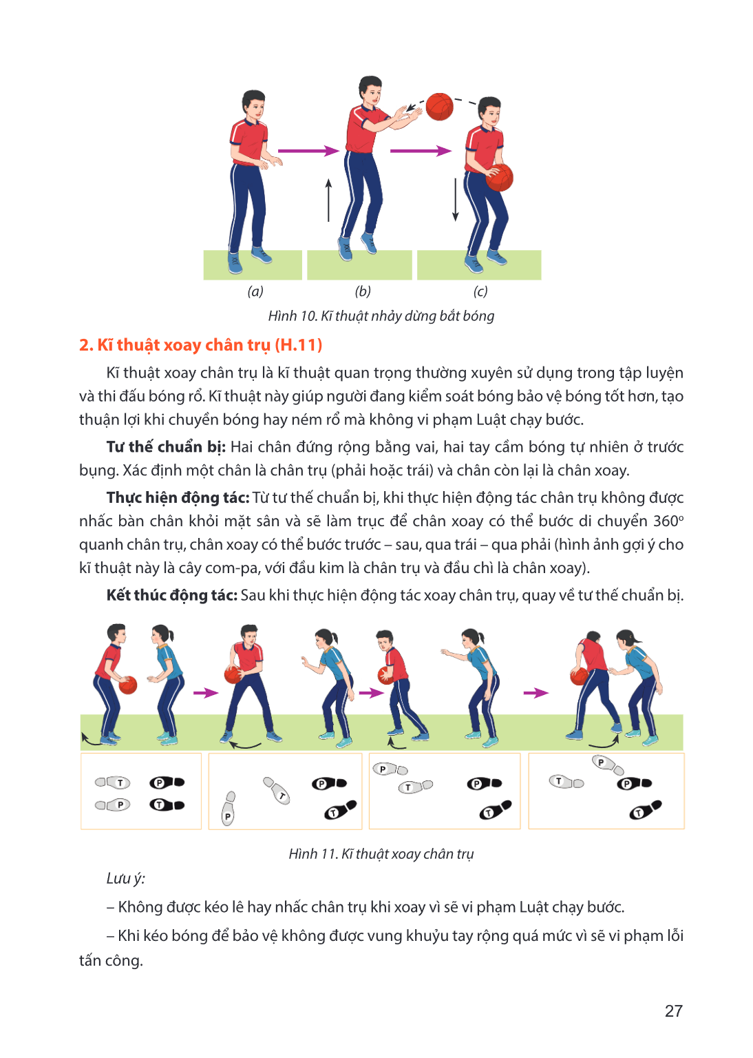 2. Kĩ thuật xoay chân trụ (H.11) Kĩ thuật xoay chân trụ là kĩ thuật quan trọng thường xuyên sử dụng trong tập luyện và thi đấu bóng rổ. Kĩ thuật này giúp người 