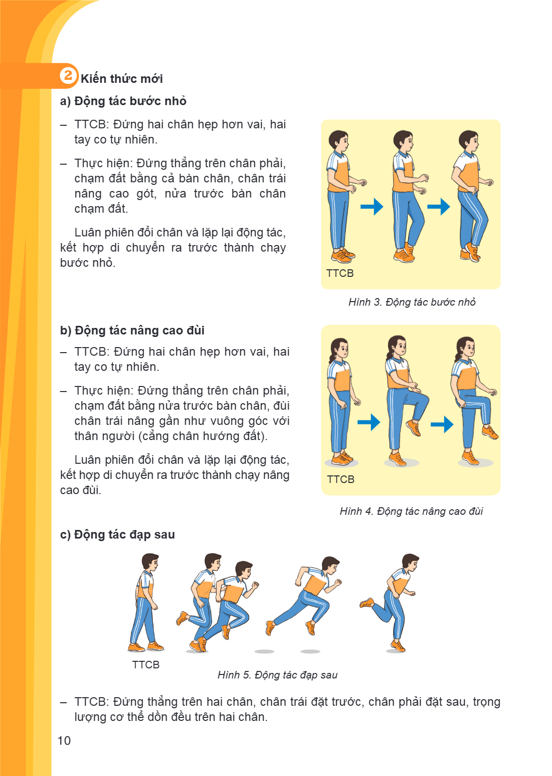 2Kiến thức mới a) Động tác bước nhỏ TTCB: Đứng hai chân hẹp hơn vai, hai tay co tự nhiên. - Thực hiện: Đứng thẳng trên chân phải, chạm đất bằng cả bàn chân, châ