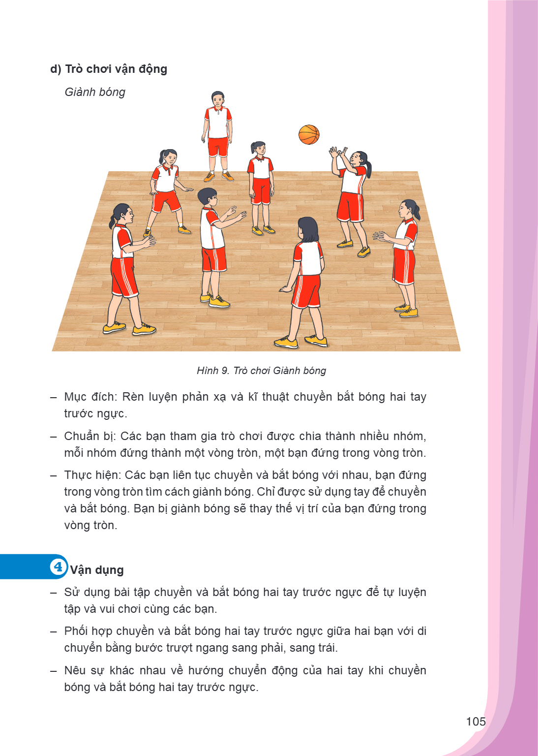 d) Trò chơi vận động Giành bóng Hình 9. Trò chơi Giành bóng Mục đích: Rèn luyện phản xạ và kĩ thuật chuyền bắt bóng hai tay trước ngực. - Chuẩn bị: Các bạn tham