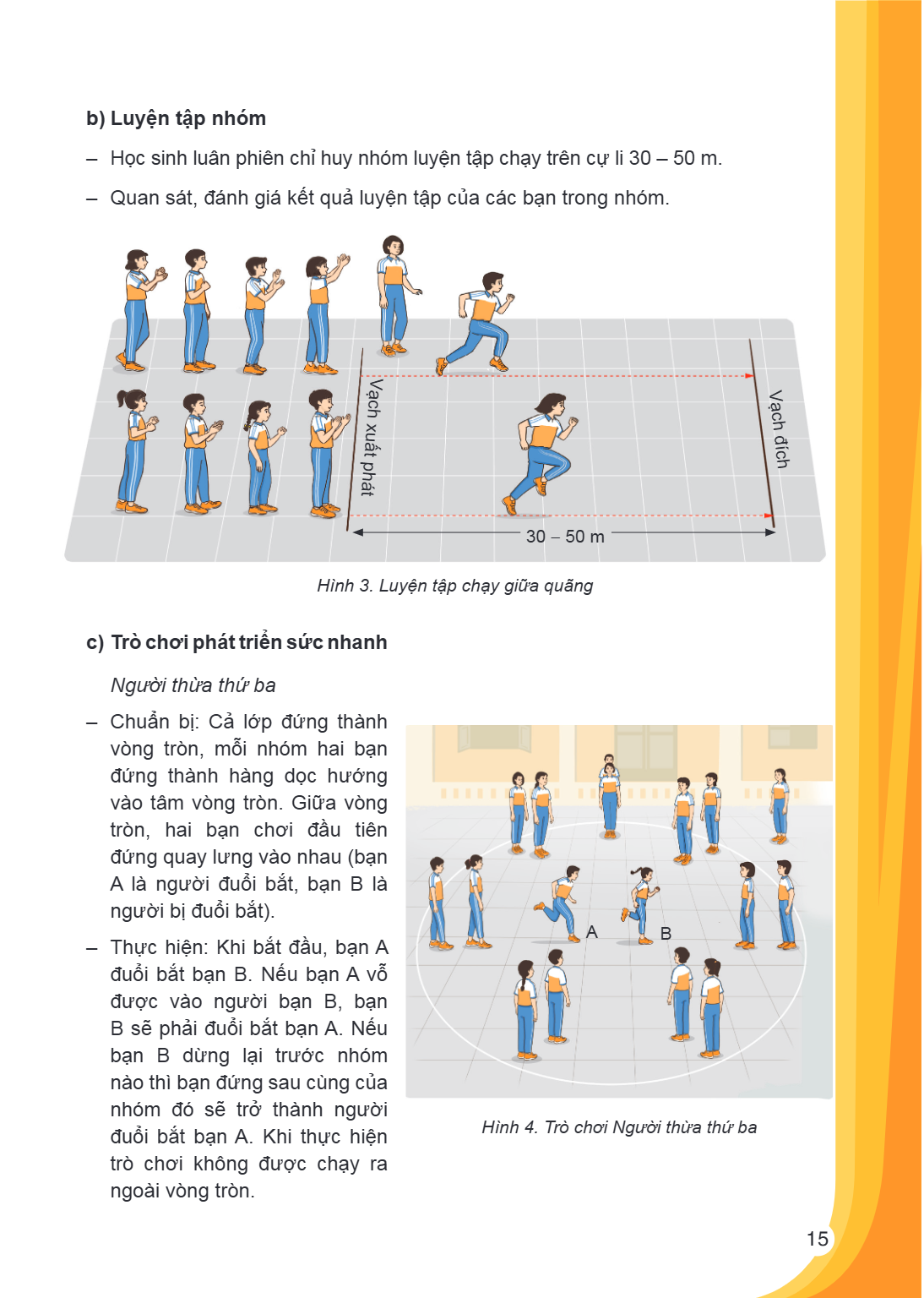 b) Luyện tập nhóm Học sinh luân phiên chỉ huy nhóm luyện tập chạy trên cự li 30 - 50 m. - Quan sát, đánh giá kết quả luyện tập của các bạn trong nhóm. 30 - 50 m