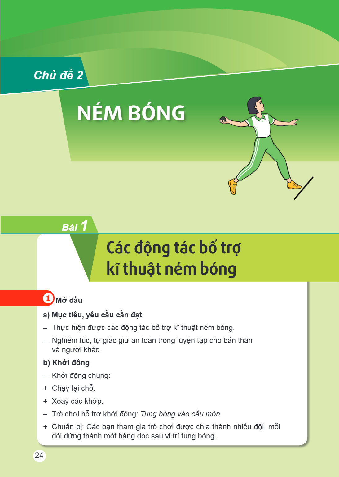 Chủ đề 2 NÉM BÓNG Bài 1. Các động tác bổ trợ kĩ thuật ném bóng MỞ ĐẦU a) Mục tiêu, yêu cầu cần đạt Thực hiện được các động tác bổ trợ kĩ thuật ném bóng. Nghiêm 