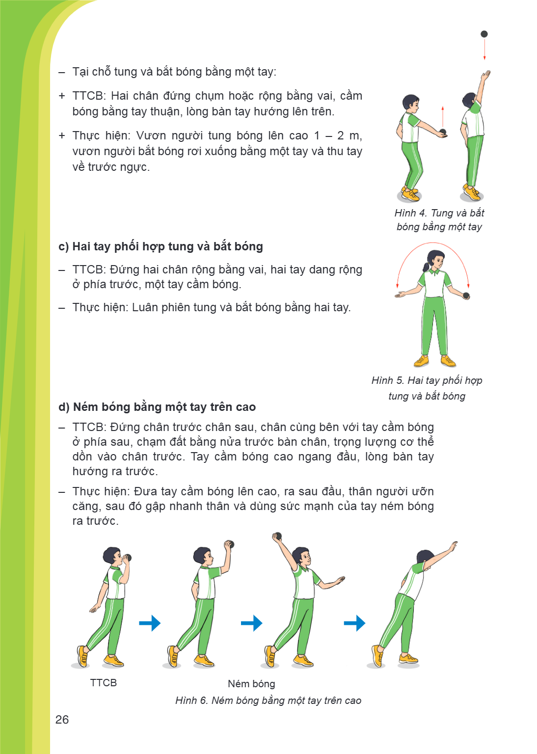 Tại chỗ tung và bắt bóng bằng một tay: + TTCB: Hai chân đứng chụm hoặc rộng bằng vai, cầm bóng bằng tay thuận, lòng bàn tay hướng lên trên. + Thực hiện: Vươn ng
