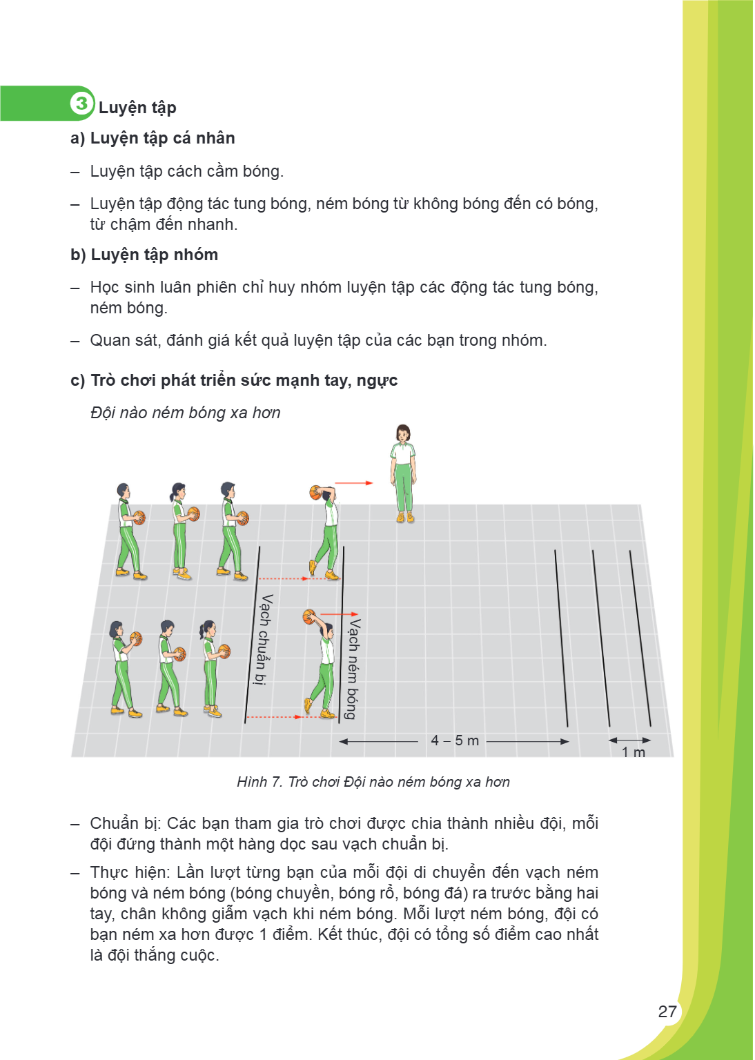 3Luyện tập a) Luyện tập cá nhân Luyện tập cách cầm bóng. - Luyện tập động tác tung bóng, ném bóng từ không bóng đến có bóng, từ chậm đến nhanh. b) Luyện tập nhó