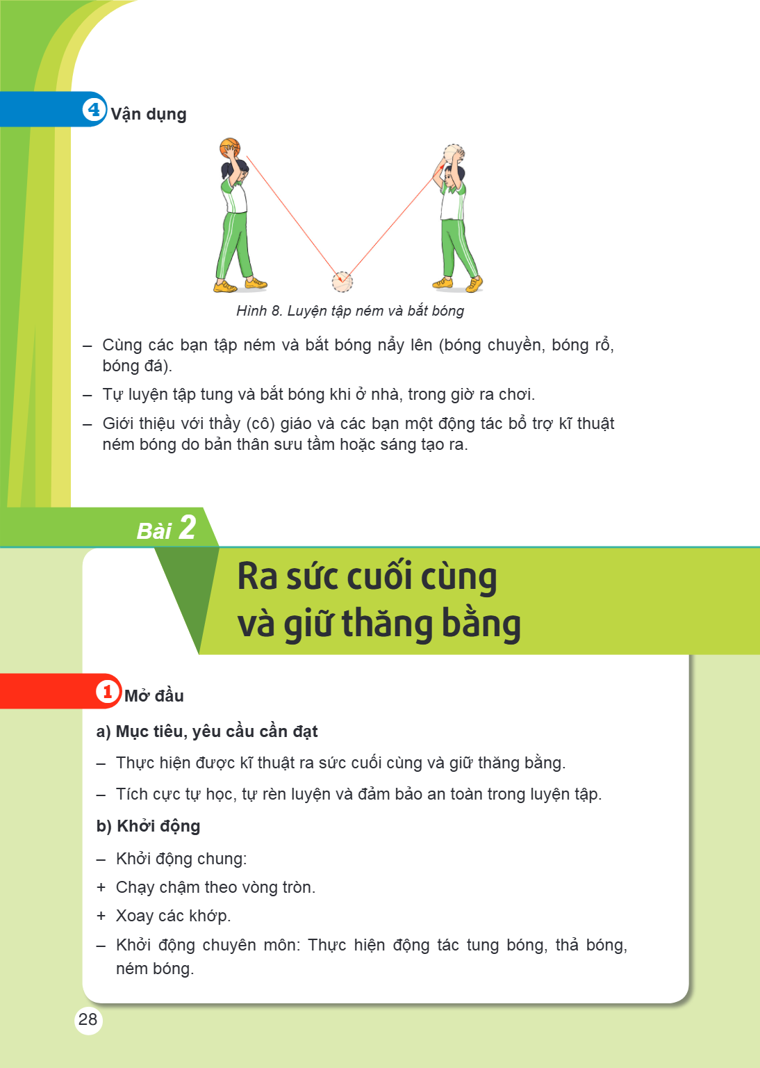 4. Vận dụng Hình 8. Luyện tập ném và bắt bóng – Cùng các bạn tập ném và bắt bóng nảy lên (bóng chuyền, bóng rổ, bóng đá). – Tự luyện tập tung và bắt bóng khi ở 