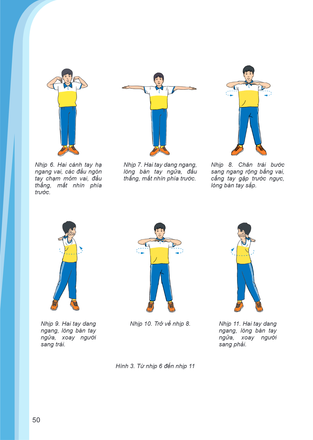 Nhịp 6. Hai cánh tay hạ ngang vai, các đầu ngón tay chạm mỏm vai, đầu thẳng, mắt nhìn phía trước. Nhịp 7. Hai tay dang ngang, lòng bàn tay ngửa, đầu thẳng, mắt 