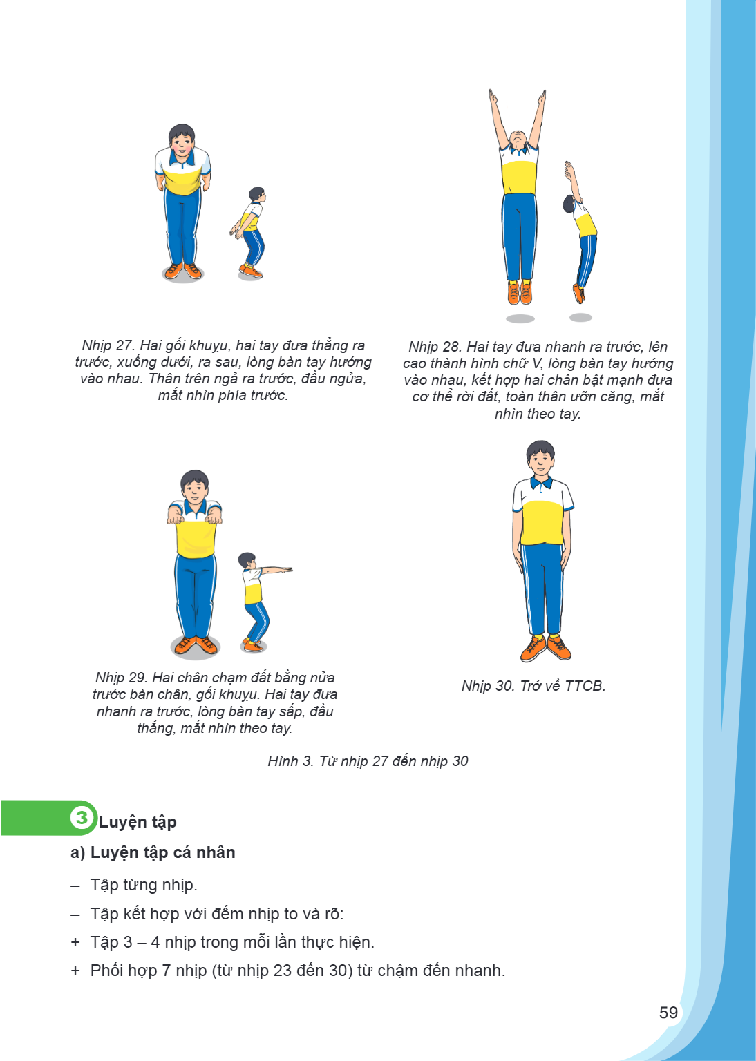 Nhịp 27. Hai gối khuỵu, hai tay đưa thẳng ra trước, xuống dưới, ra sau, lòng bàn tay hướng vào nhau. Thân trên ngả ra trước, đầu ngửa, mắt nhìn phía trước. Nhịp