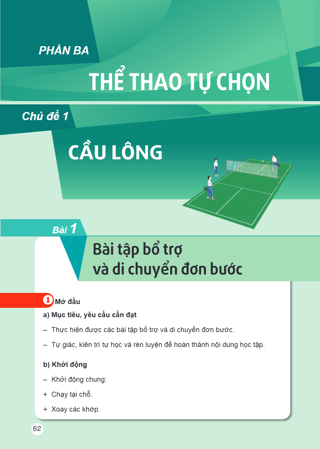 Chủ đề 1 CẦU LÔNG Bài 1. Bài tập bổ trợ và di chuyển đơn bước MỞ ĐẦU a) Mục tiêu, yêu cầu cần đạt – Thực hiện được các bài tập bổ trợ và di chuyển đơn bước. – T