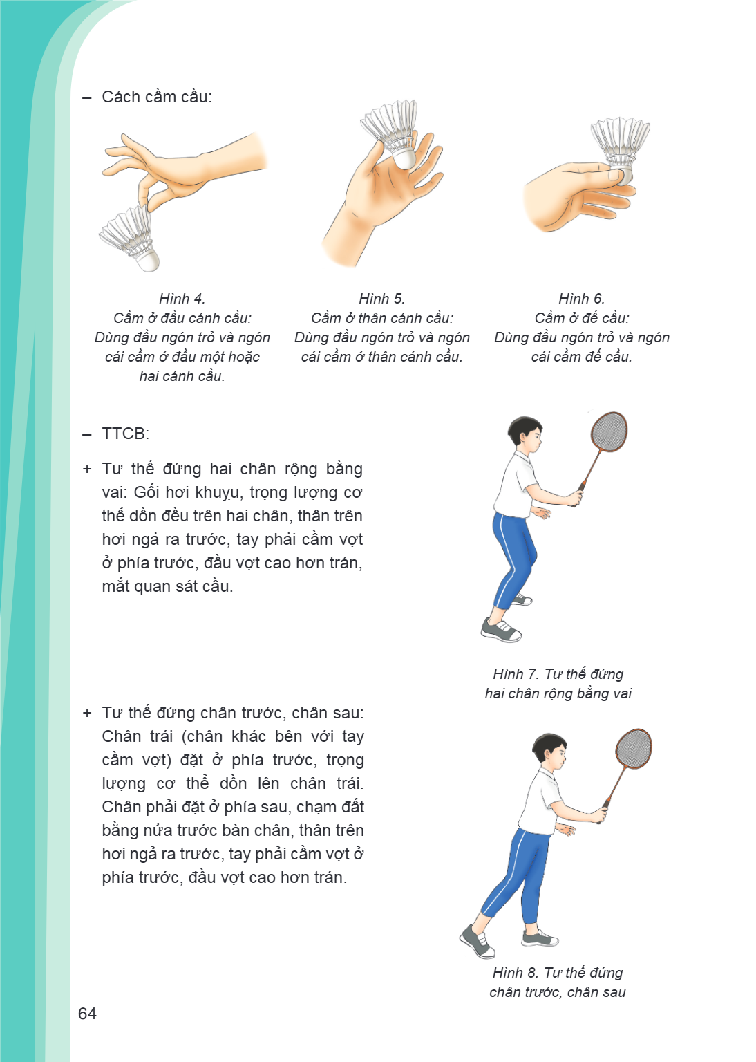 Cách cầm cầu: Hình 4. Cầm ở đầu cánh cầu: Dùng đầu ngón trỏ và ngón cái cầm ở đầu một hoặc hai cánh cầu. Hình 5. Cầm ở thân cánh cầu: Dùng đầu ngón trỏ và ngón 