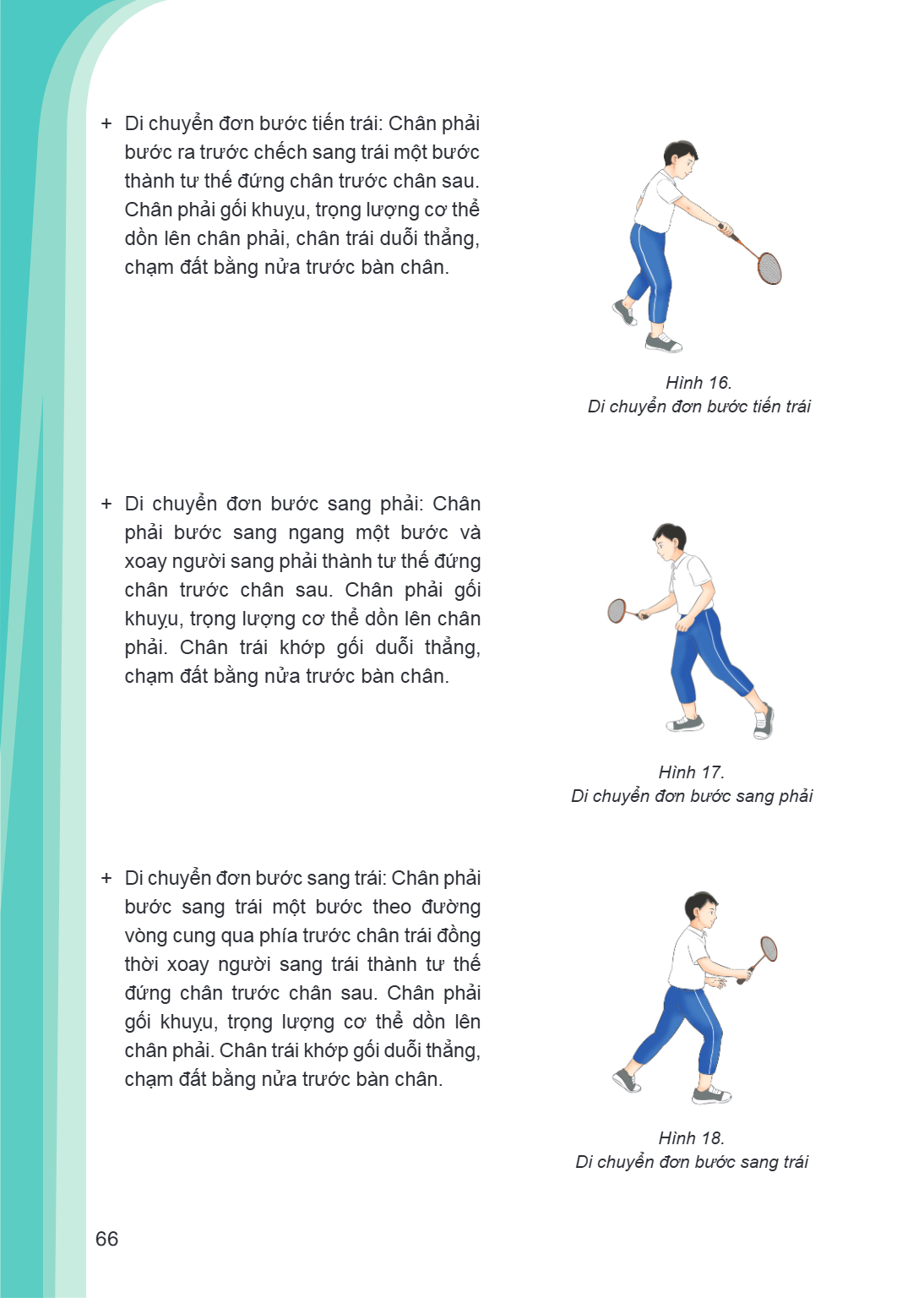 Di chuyển đơn bước tiến trái: Chân phải bước ra trước chếch sang trái một bước thành tư thế đứng chân trước chân sau. Chân phải gối khuỵu, trọng lượng cơ thể dồ