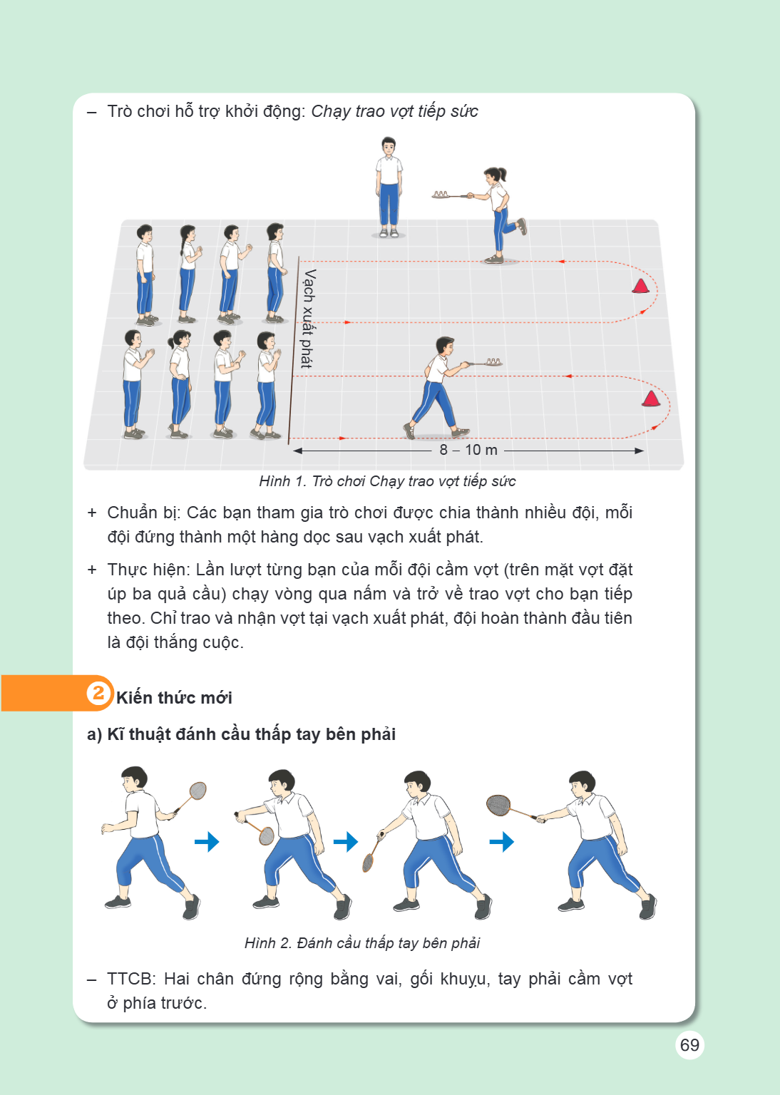Trò chơi hỗ trợ khởi động: Chạy trao vợt tiếp sức Chuẩn bị: Các bạn tham gia trò chơi được chia thành nhiều đội, mỗi đội đứng thành một hàng dọc sau vạch xuất p
