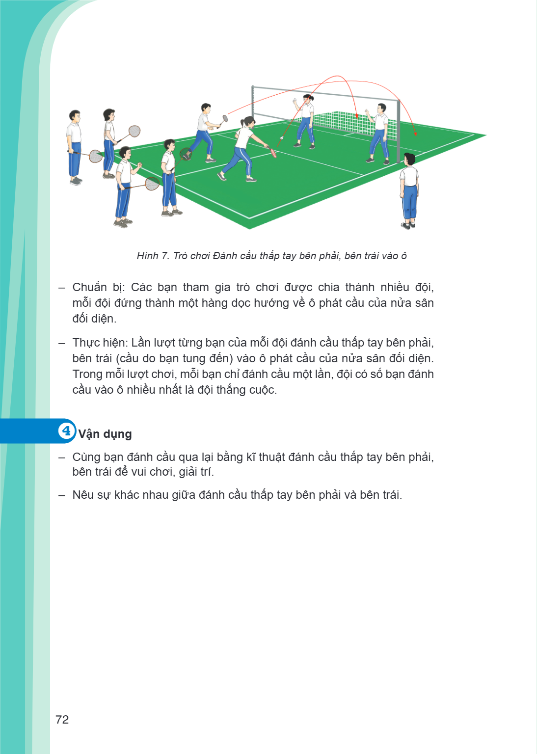 Hình 7. Trò chơi Đánh cầu thấp tay bên phải, bên trái vào ô Chuẩn bị: Các bạn tham gia trò chơi được chia thành nhiều đội, mỗi đội đứng thành một hàng dọc hướng