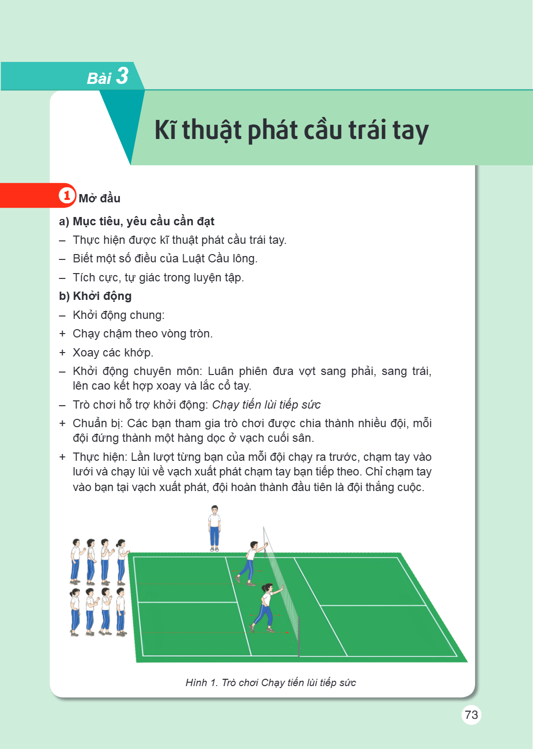 Bài 3. Kĩ thuật phát cầu trái tay 1 Mở đầu a) Mục tiêu, yêu cầu cần đạt – Thực hiện được kĩ thuật phát cầu trái tay. – Biết một số điều của Luật Cầu lông. – Tíc