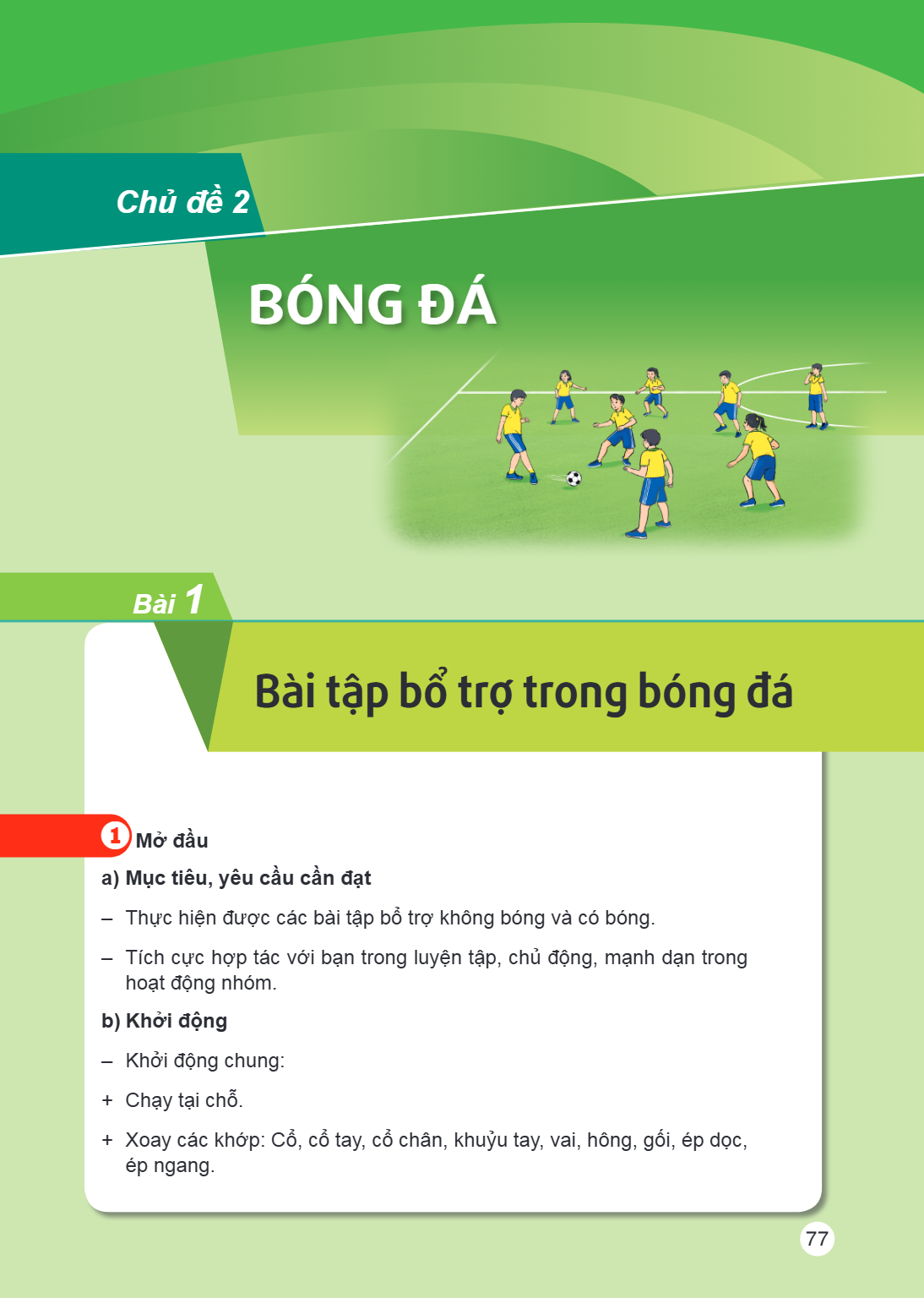 Chủ đề 2 BÓNG ĐÁ Bài 1. Bài tập bổ trợ trong bóng đá 1 Mở đầu a) Mục tiêu, yêu cầu cần đạt – Thực hiện được các bài tập bổ trợ không bóng và có bóng. – Tích cực