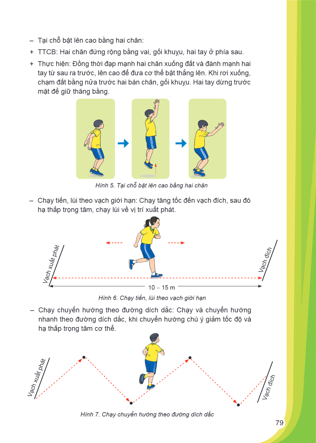 Tại chỗ bật lên cao bằng hai chân: + TTCB: Hai chân đứng rộng bằng vai, gối khuỵu, hai tay ở phía sau. + Thực hiện: Đồng thời đạp mạnh hai chân xuống đất và đán