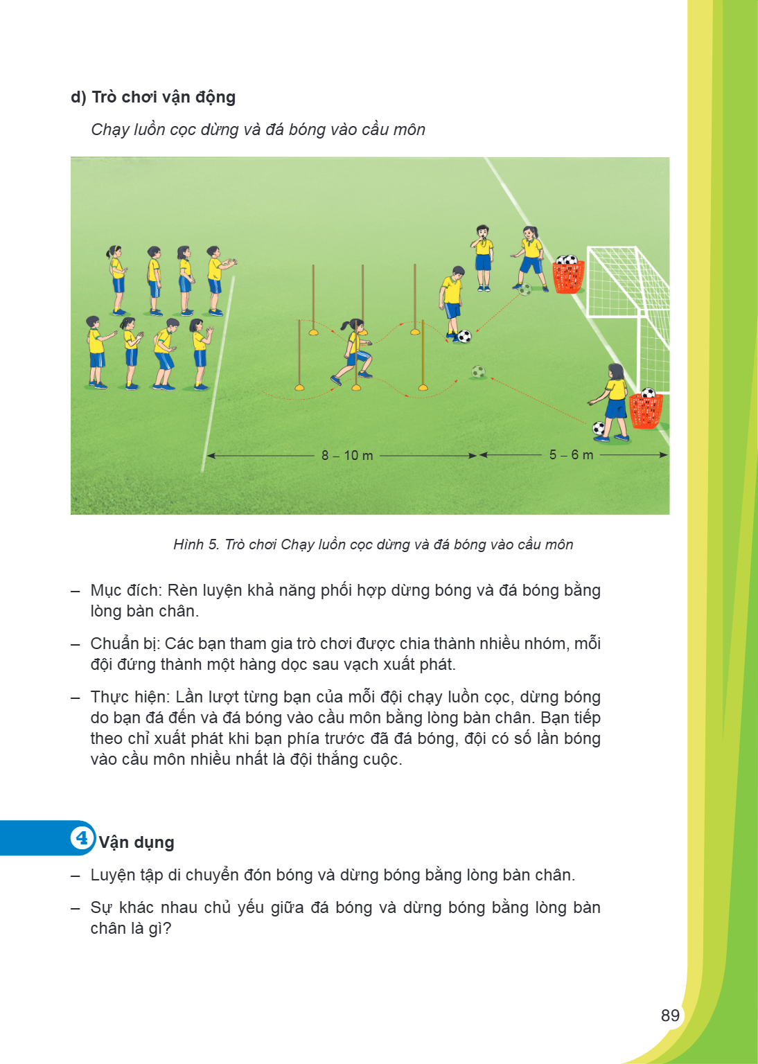 d) Trò chơi vận động Chạy luồn cọc dừng và đá bóng vào cầu môn 8 - 10 m 5 - 6 m Hình 5. Trò chơi Chạy luồn cọc dừng và đá bóng vào cầu môn Mục đích: Rèn luyện k