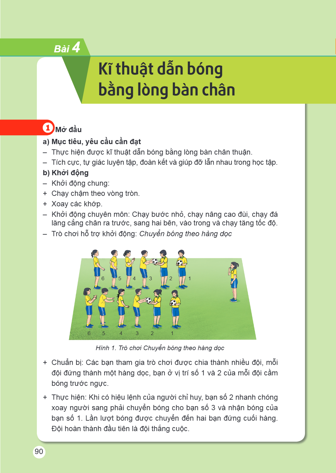 Bài 4. Kĩ thuật dẫn bóng bằng lòng bàn chân 1 Mở đầu a) Mục tiêu, yêu cầu cần đạt – Thực hiện được kĩ thuật dẫn bóng bằng lòng bàn chân thuận. – Tích cực, tự gi