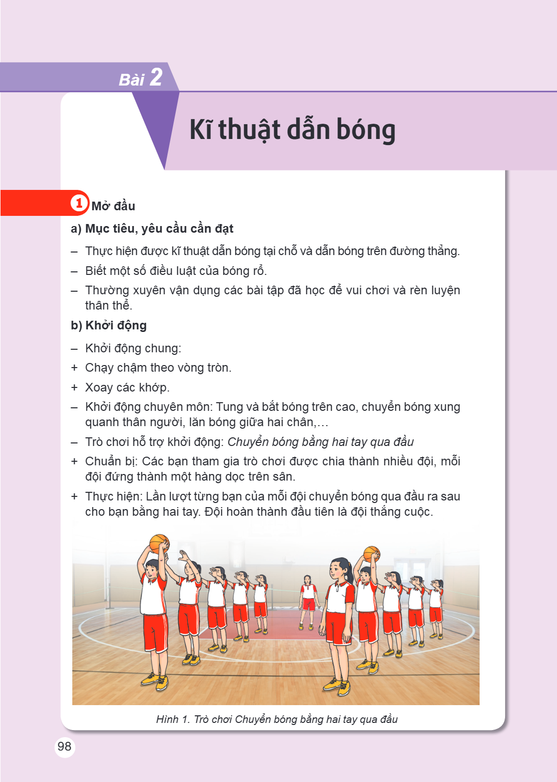 Bài 2. Kĩ thuật dẫn bóng 1 Mở đầu a) Mục tiêu, yêu cầu cần đạt – Thực hiện được kĩ thuật dẫn bóng tại chỗ và dẫn bóng trên đường thẳng. – Biết một số điều luật 