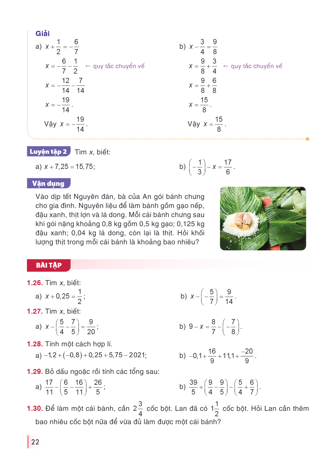 Giải a) $x+\dfrac{1}{2}=-\dfrac{6}{7}$ $x=-\dfrac{6}{7}-\dfrac{1}{2}$ $\leftarrow$ quy tắc chuyển vế $x=-\dfrac{12}{14}-\dfrac{7}{14}$ $x=-\dfrac{19}{14}.$ Vậy 
