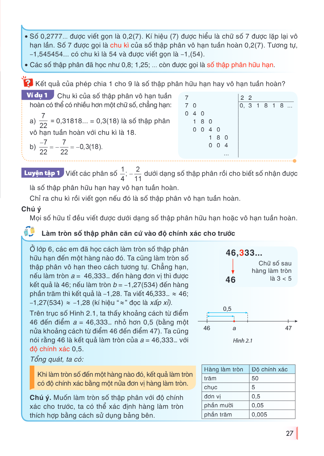 • Số 0,2777... được viết gọn là $0{,}2(7)$. Kí hiệu $(7)$ được hiểu là chữ số $7$ được lặp lại vô hạn lần. Số $7$ được gọi là chu kì của số thập phân vô hạn tuầ