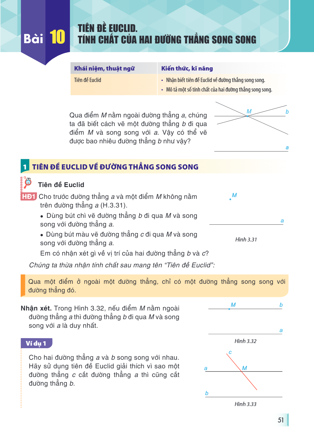Bài 10. Tiên đề Euclid. Tính chất của hai đường thẳng song song Khái niệm, thuật ngữ, Kiến thức, kĩ năng Tiên đề Euclid, • Nhận biết tiên đề Euclid về đường thẳ