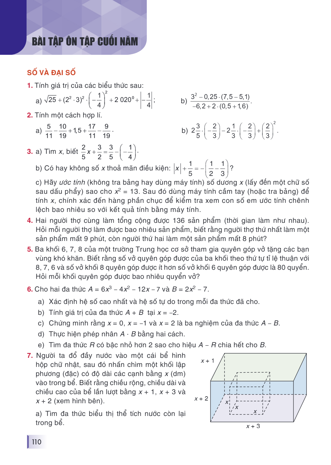BÀI TẬP ÔN TẬP CUỐI NĂM SỐ VÀ ĐẠI SỐ 1. Tính giá trị của các biểu thức sau: a) $\sqrt{25}+(2^2\cdot3)^2\cdot\left(-\dfrac{1}{4}\right)^2+2,020^0+\left|-\dfrac{1