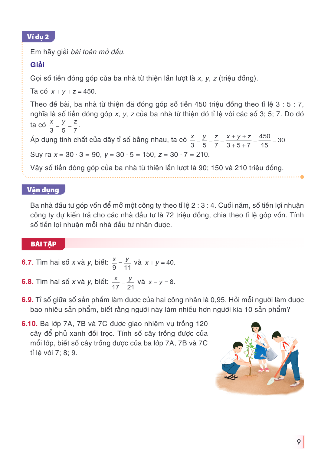 Ví dụ 2 Em hãy giải bài toán mở đầu. Giải Gọi số tiền đóng góp của ba nhà từ thiện lần lượt là $x$, $y$, $z$ (triệu đồng). Ta có $x + y + z = 450$. Theo đề bài,