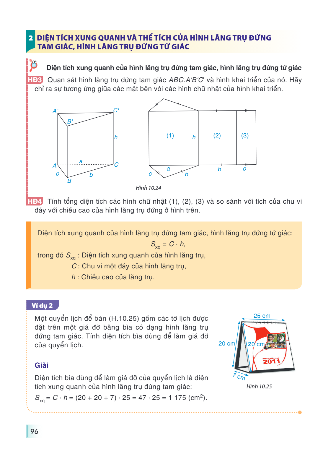2. Diện tích xung quanh và thể tích của hình lăng trụ đứng tam giác, hình lăng trụ đứng tứ giác Diện tích xung quanh của hình lăng trụ đứng tam giác, hình lăng 