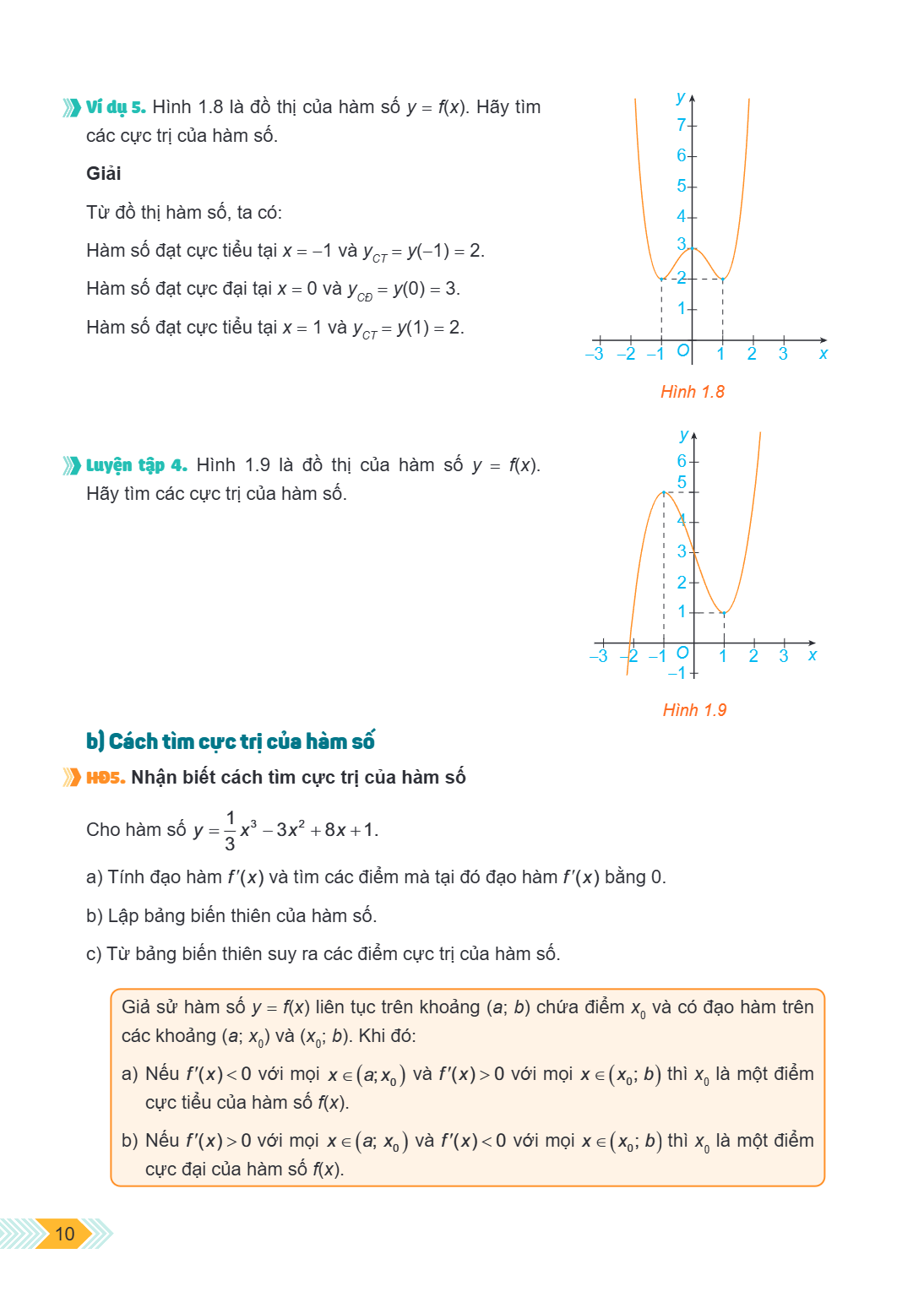 Ví dụ 5. Hình 1.8 là đồ thị của hàm số $y = f(x)$. Hãy tìm các cực trị của hàm số. Giải Từ đồ thị hàm số, ta có: Hàm số đạt cực tiểu tại $x = -1$ và $y_{CT} = y