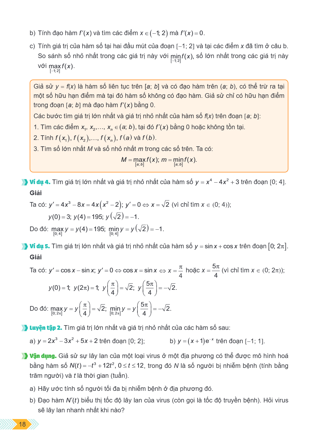 b) Tính đạo hàm $f'(x)$ và tìm các điểm $x \in (-1; 2)$ mà $f'(x) = 0$. c) Tính giá trị của hàm số tại hai đầu mút của đoạn $[-1; 2]$ và tại các điểm $x$ đã tìm
