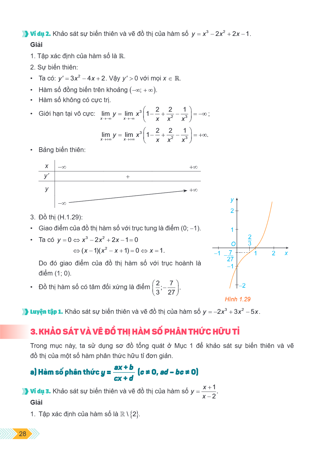 Ví dụ 2. Khảo sát sự biến thiên và vẽ đồ thị của hàm số $y = x^3 - 2x^2 + 2x - 1$. Giải Tập xác định của hàm số là $\mathbb{R}$. Sự biến thiên: • Ta có: $y' = 3