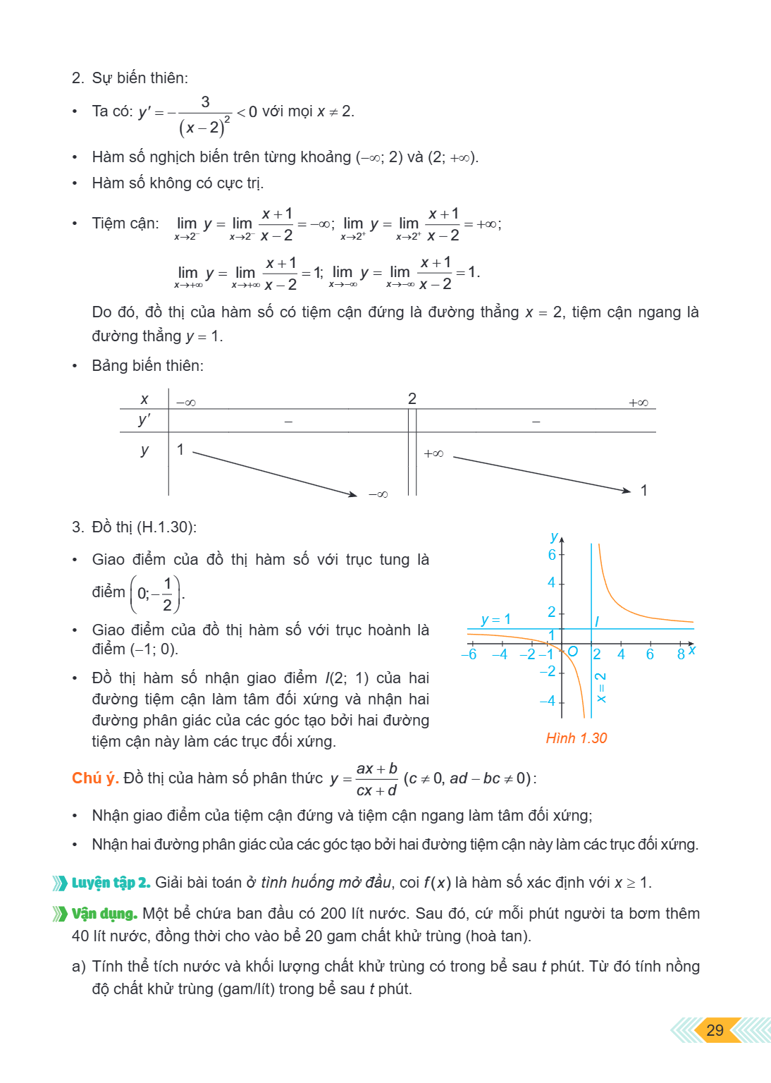 Sự biến thiên: Ta có: $y' = -\frac{3}{(x-2)^2} < 0$ với mọi $x \neq 2$. Hàm số nghịch biến trên từng khoảng $(-\infty; 2)$ và $(2; +\infty)$. Hàm số không có cự