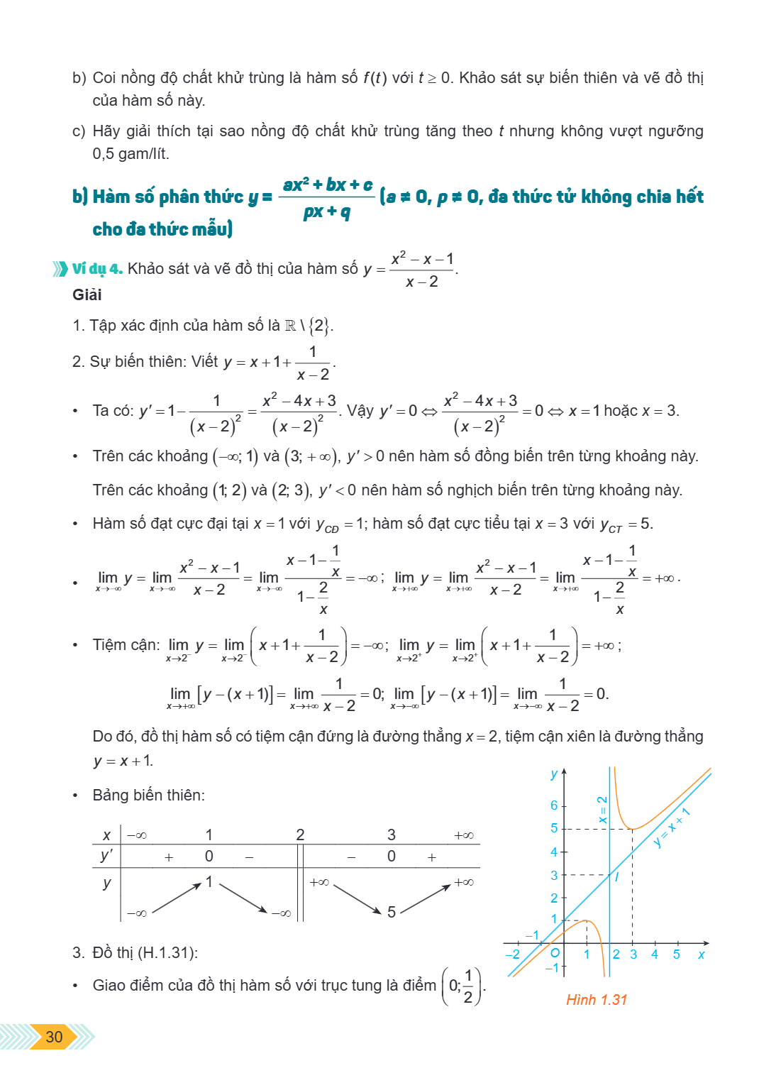b) Coi nồng độ chất khử trùng là hàm số $f(t)$ với $t \ge 0$. Khảo sát sự biến thiên và vẽ đồ thị của hàm số này. c) Hãy giải thích tại sao nồng độ chất khử trù