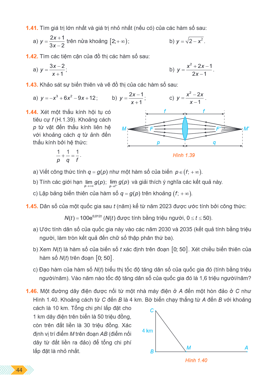 1.41. Tìm giá trị lớn nhất và giá trị nhỏ nhất (nếu có) của các hàm số sau: a) $y = \frac{2x + 1}{3x - 2}$ trên nửa khoảng $[2; +\infty)$; b) $y = \sqrt{2 - x^2