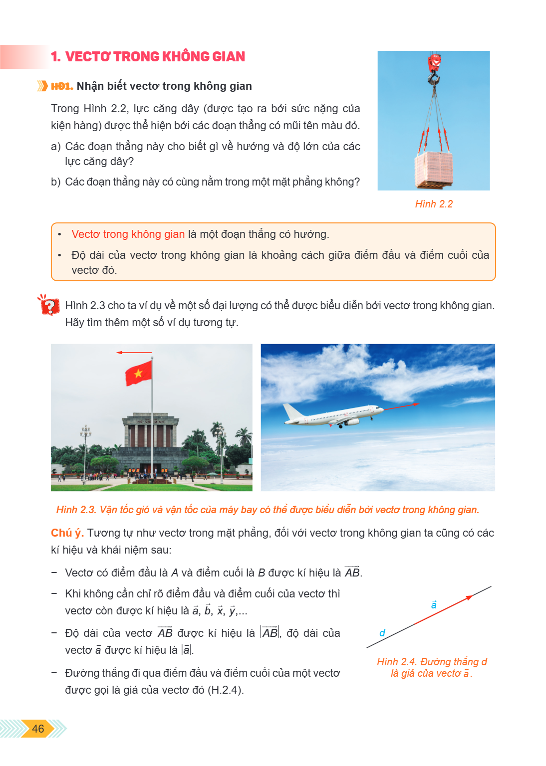 1. VECTƠ TRONG KHÔNG GIAN HĐ1. Nhận biết vectơ trong không gian Trong Hình 2.2, lực căng dây (được tạo ra bởi sức nặng của kiện hàng) được thể hiện bởi các đoạn