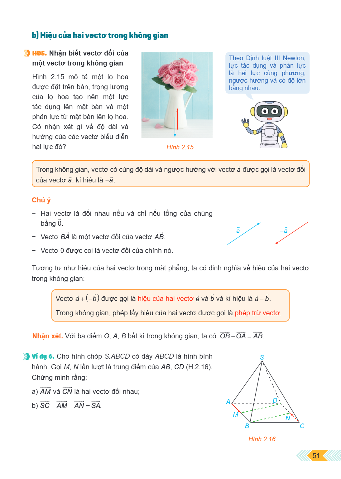 b) Hiệu của hai vecto trong không gian HĐ5. Nhận biết vecto đối của một vecto trong không gian Hình 2.15 mô tả một lọ hoa được đặt trên bàn, trọng lượng của lọ 