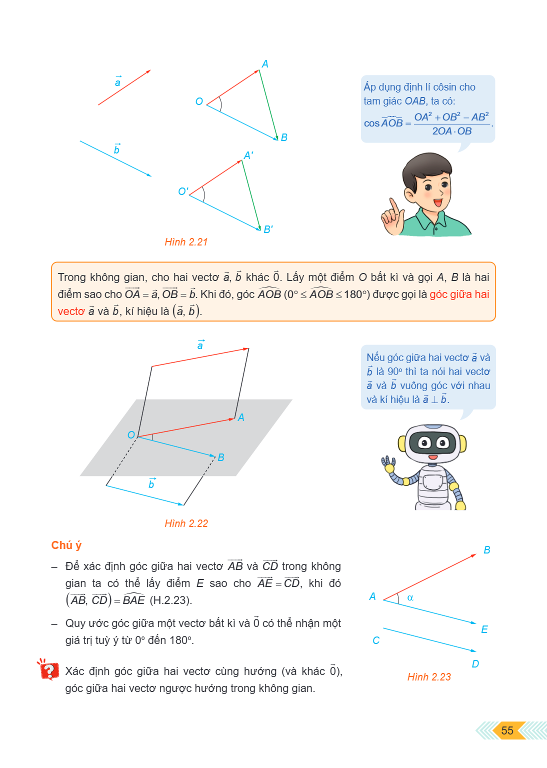 Trong không gian, cho hai vectơ $\vec{a}$, $\vec{b}$ khác $\vec{0}$. Lấy một điểm $O$ bất kì và gọi $A$, $B$ là hai điểm sao cho $\overrightarrow{OA} = \vec{a}$