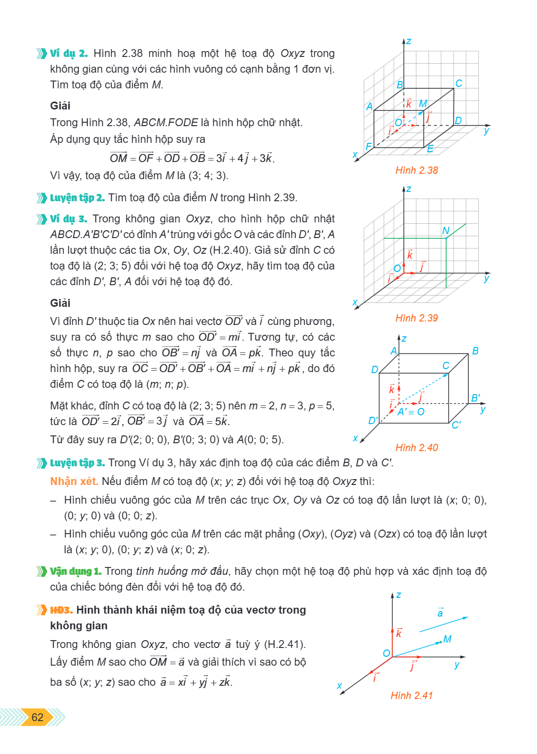 Ví dụ 2. Hình 2.38 minh hoạ một hệ toạ độ Oxyz trong không gian cùng với các hình vuông có cạnh bằng 1 đơn vị. Tìm toạ độ của điểm M. Hình 2.38 Giải Trong Hình 