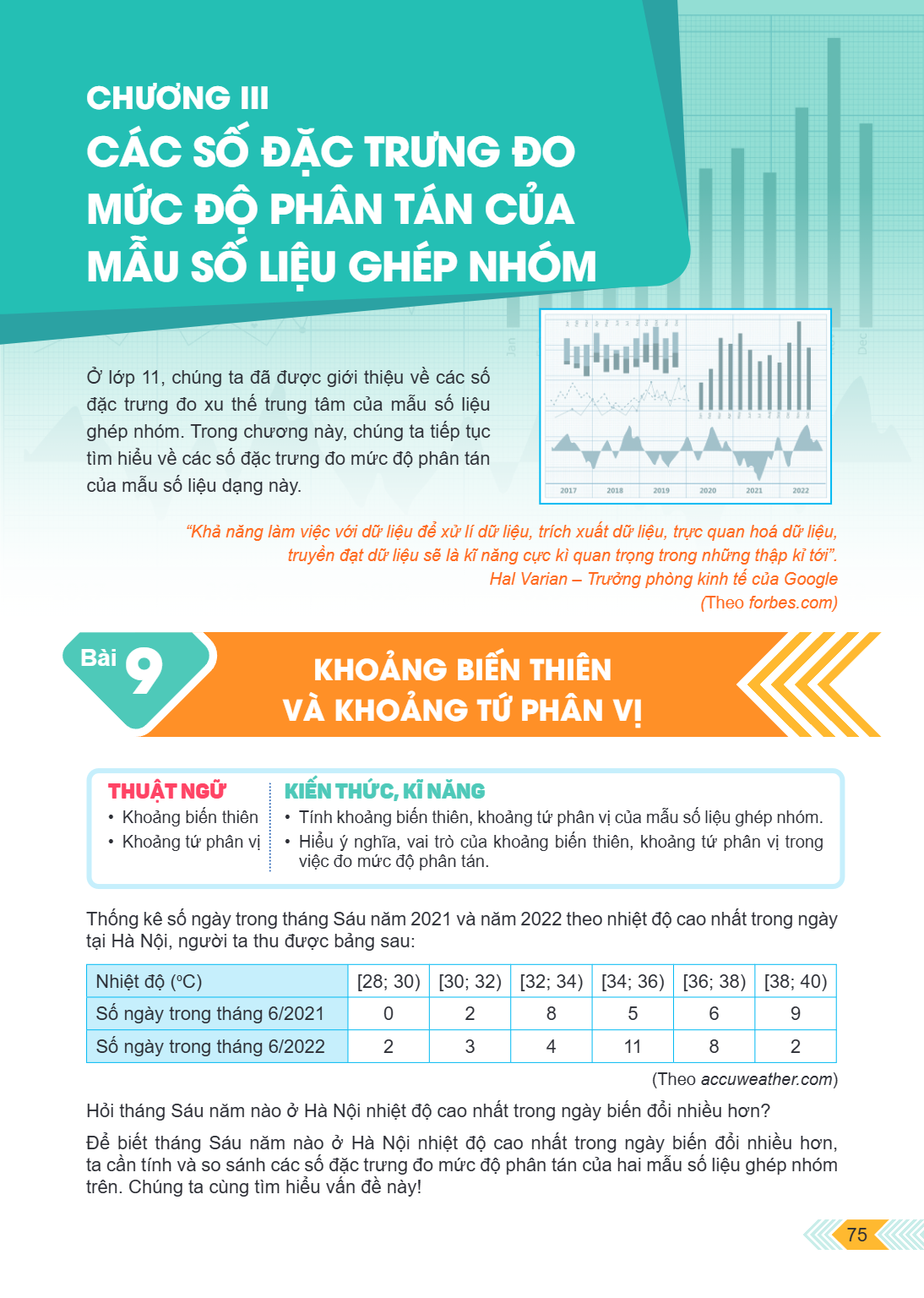 Chương III. CÁC SỐ ĐẶC TRƯNG ĐO MỨC ĐỘ PHÂN TÁN CỦA MẪU SỐ LIỆU GHÉP NHÓM Ở lớp 11, chúng ta đã được giới thiệu về các số đặc trưng đo xu thế trung tâm của mẫu 