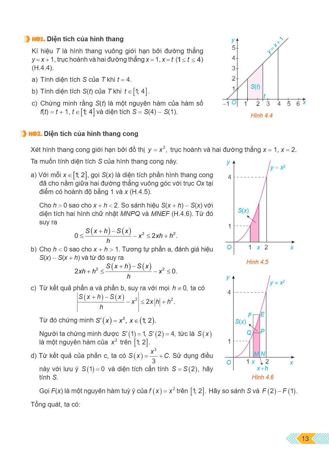 HD1. Diện tích của hình thang Kí hiệu $T$ là hình thang vuông giới hạn bởi đường thẳng $y = x + 1$, trục hoành và hai đường thẳng $x = 1, x = t$ ($1 \le t \le 4