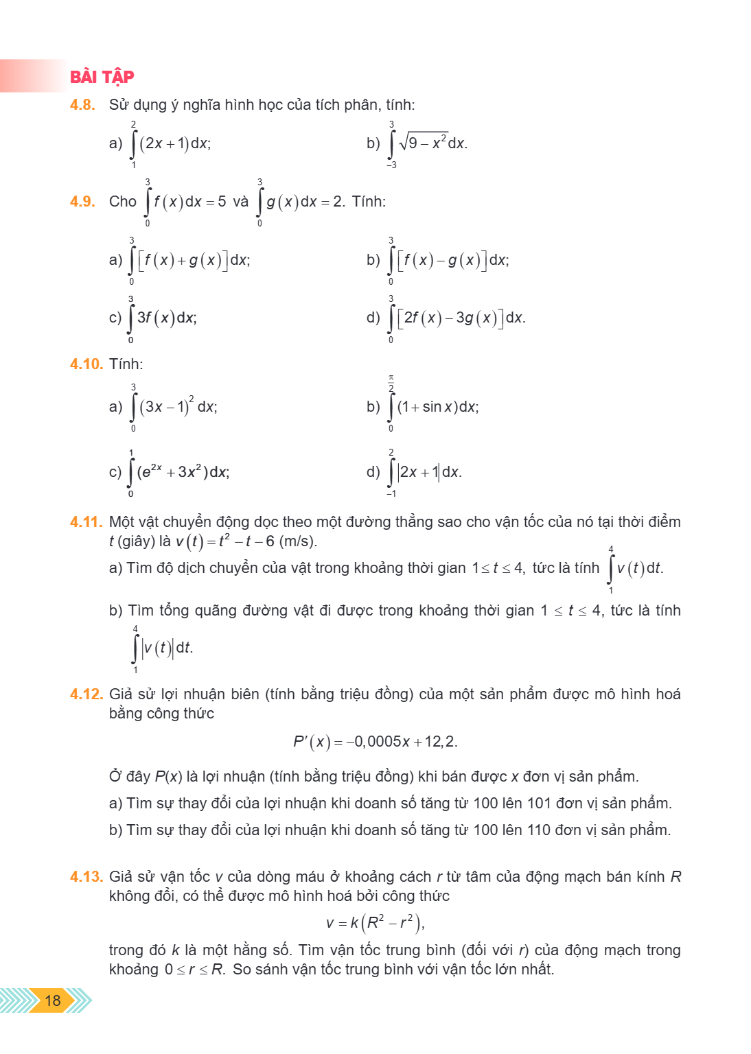 BÀI TẬP 4.8. Sử dụng ý nghĩa hình học của tích phân, tính: a) $\int\limits_1^2 {(2x + 1){\rm{d}}x}$; b) $\int\limits_{ - 3}^3 {\sqrt {9 - {x^2}} } {\rm{d}}x$. 4